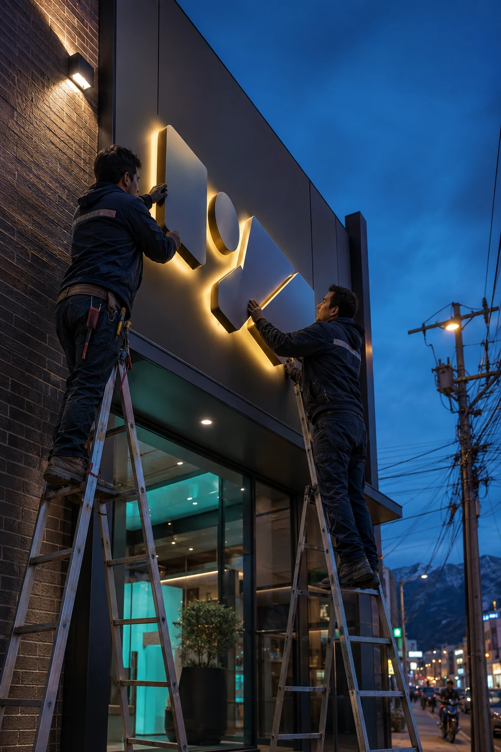 Instalación de un letrero luminoso en una fachada comercial